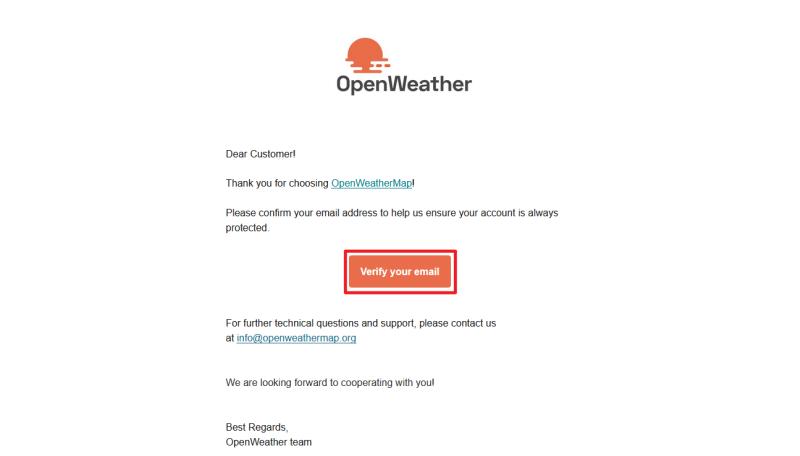 Weather Open Map(オープンウェザーマップ)の会員登録を行うと、メールが届き、メールないのリンクをクリックすることで登録が完了する