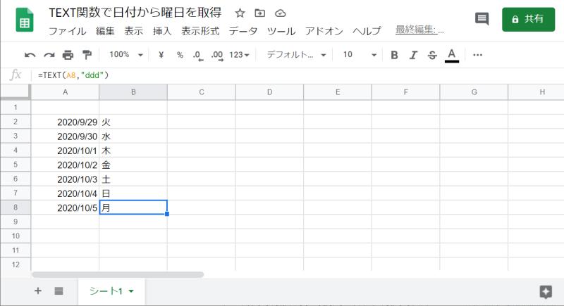 スプレッドシートに入力した日付の曜日を自動表示する方法 Text関数について解説 Autoworker Google Apps Script Gas とsikuliで始める業務改善入門