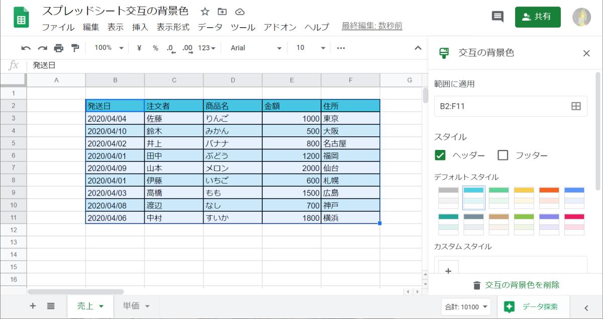 スプレッドシートの行で交互の背景色を設定する方法 注意ポイントも紹介 Autoworker Google Apps Script Gas とsikuliで始める業務改善入門