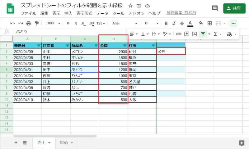 Googleスプレッドシートでフィルタ機能でソートしたところ、緑の枠線外は一緒に変わらない