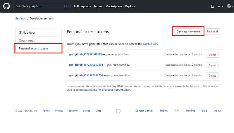 Githubメニューの「Personal Access Token」を選択し、Generate new tokenを選択します