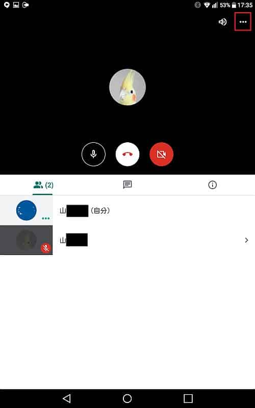 Google Meetのアプリ画面でカメラ表示部分をタップすると右上にメニュー「︙」が表示されるのでタップ