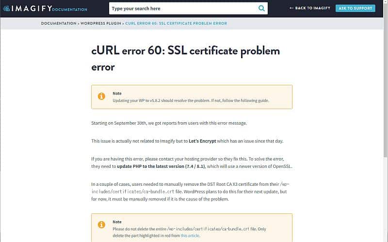 ImagifyのページでcURL error 60: Peer's Certificate issuer is not recognized.のエラーメッセージに関する説明と対処方法が記載
