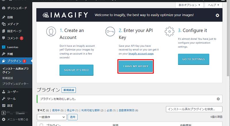 ワードプレスのImagifyプラグインのセットアップ画面でAPIキー入力ボタンをクリック
