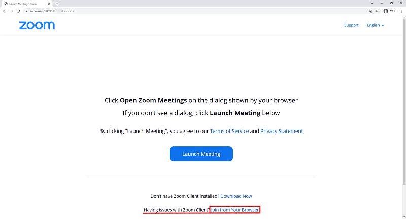 Zoom会議のボタンを1回押してキャンセルすると、ブラウザ参加を促す「join from Your Browser(ブラウザから参加)」が表示されるので、クリック