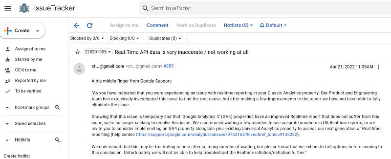 現行のGoogle Analytics(ユニバーサルアナリティクス)のリアルタイムレポートの値がおかしい・バグる事象に対するGoogleの調査結果の報告を投稿したユーザーのコメント内容