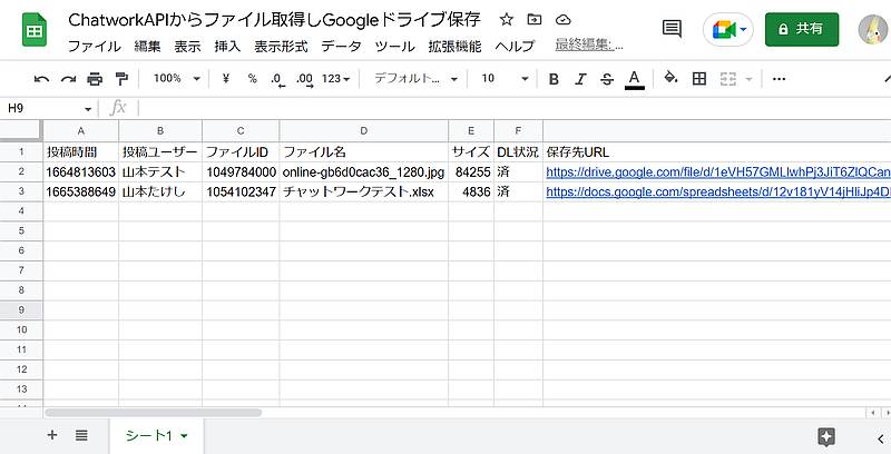 Google Apps Script(GAS)でチャットワークのファイルのダウンロードURLをUrlfetchAppでリクエストしてファイルを取得し、Googleドライブに保存するサンプルコードを実行した結果、チャットワークの投稿ファイルをGoogleドライブに保存した格納先URLをスプレッドシートに出力