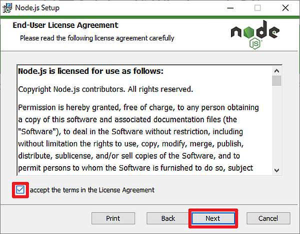 WindowOSのnode.jsのインストールで、利用規約が表示されるので同意にチェックしてNextをクリック