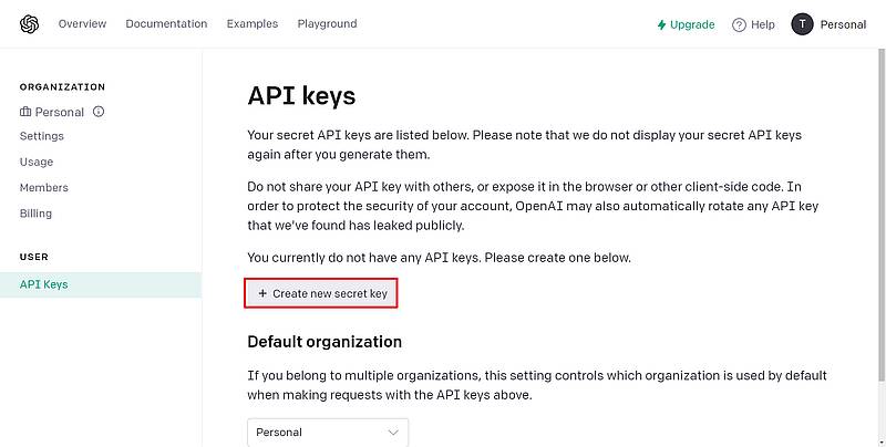 OpenAIの「API keys」のページに遷移するので、「+ Create new sercret key」ボタンをクリック
