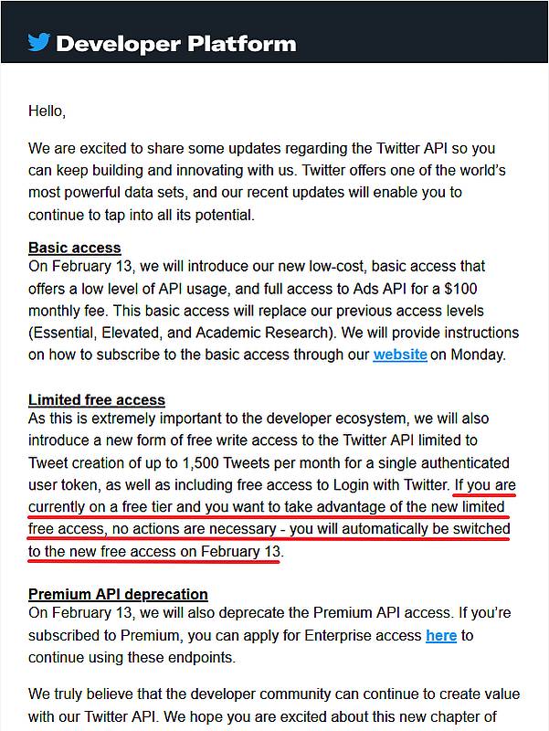 2023年2月11日にTwitterAPIを利用している開発者にツイッター社から無料版API終了に伴い、送られた移行詳細のメール