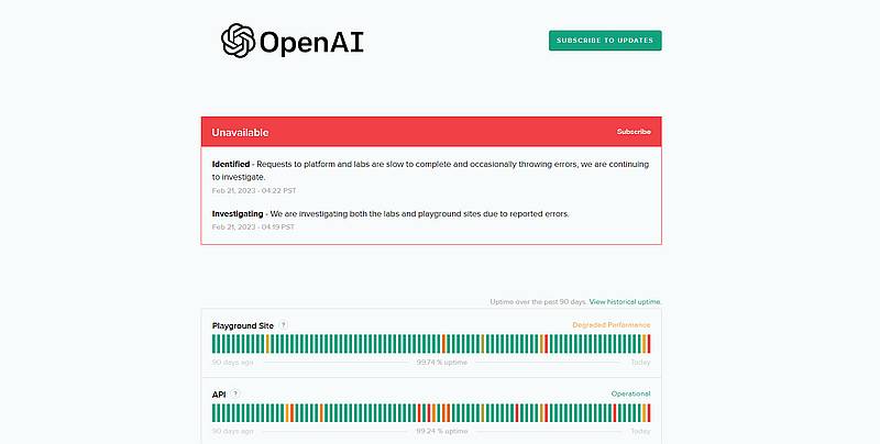OpenAIのシステムのステータスや障害情報を表示