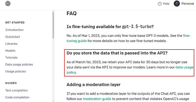 ChatGPTのFAQページ(よくある質問)で、API経由で入力したデータはChatGPTの学習には使われないことが説明