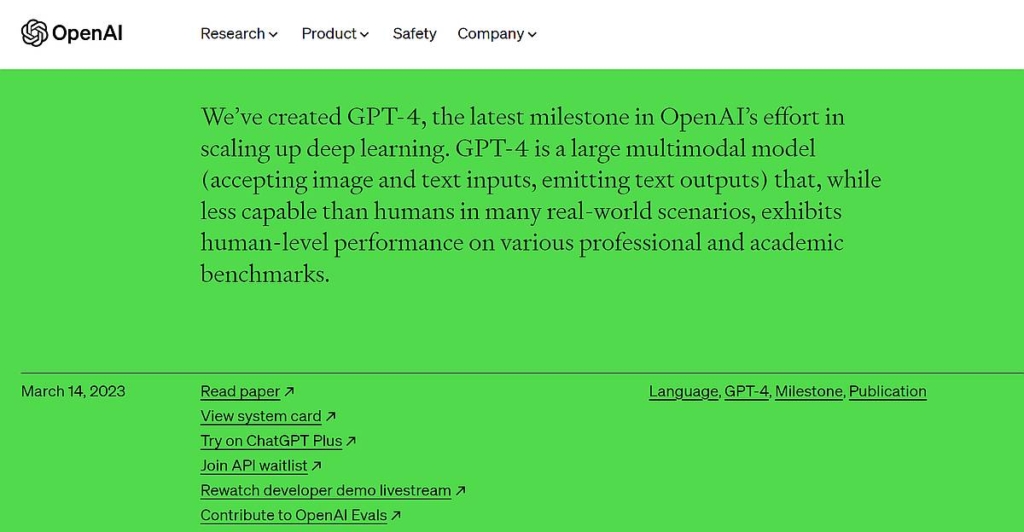 2023年3月15日にOpenAIのウェブページでChatGPTで採用されたGPT-3.5系の後継の言語モデルであるGPT-4を公開したことを発表