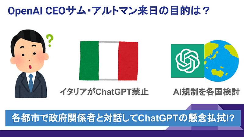 ChatGPTがイタリアで禁止されるなど各国で規制検討される中で、懸念払拭のためOpenAI Tourを開催し、最初に日本をサム・アルトマンCEOが訪問