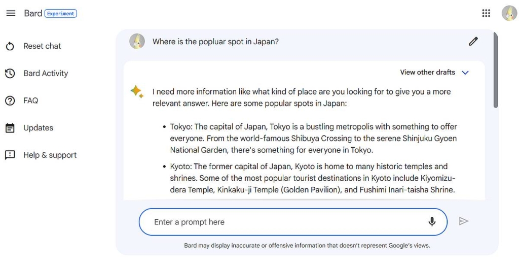 Googleの生成AI、Bardに日本の有名な観光地を質問してみた応答結果(英語でやり取り)