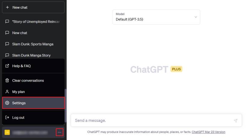 ChatGPTへの投稿データを訓練用に使用されないようにするため、ChatGPT Plusの左メニューにあるアカウント名の「…」をクリックし、「Setting」を選択