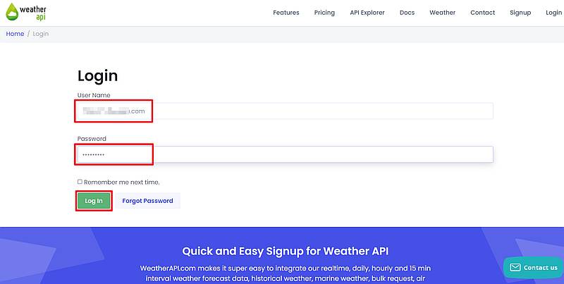 Free Weather API(WeatherAPI.com)のAPIキーを発行するため、ログイン実行