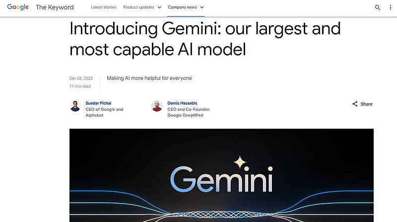 Googleのサンダー・ピチャイCEOが2023年12月6日に次世代AIモデルのGeminiについてブログで発表