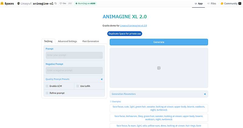 ANIMAGINE XL 2.0のHugging face上のデモページで画像生成が可能