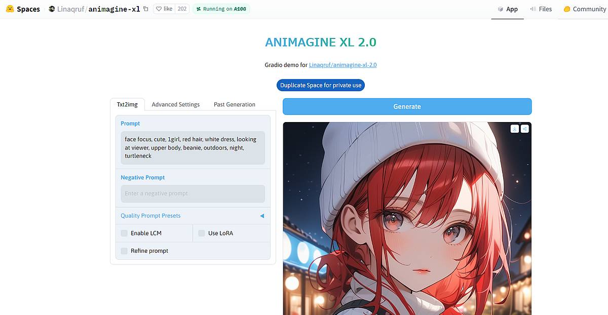 Hugging faceのANIMAGINE XL 2.0のでもページで画像生成して高クオリティなアニメ調のキャラクターを生成した結果