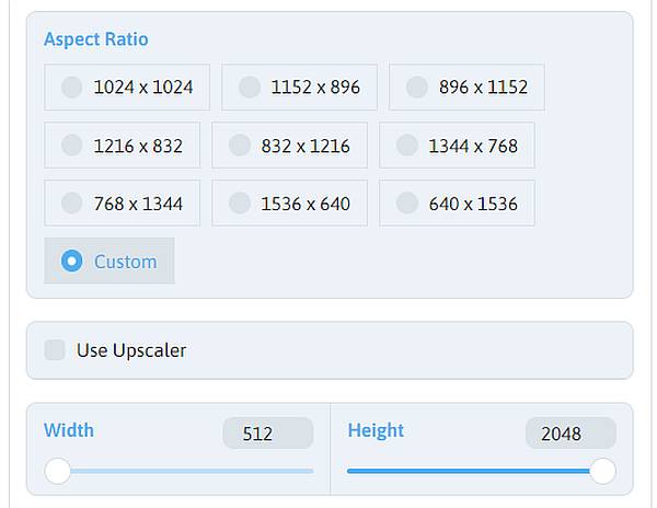ANIMAGINE XL 2.0では画像サイズを変更可能でAspect Raitoから選択またはカスタム設定