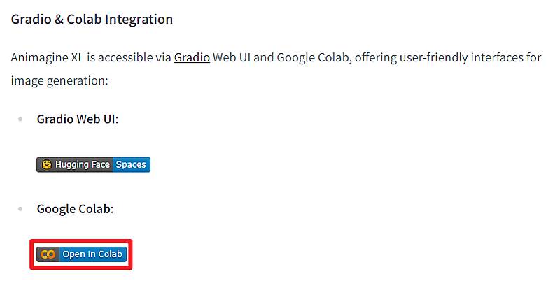 ANIMAGINE XL 2.0のページからGoogle Colabのリンクが用意