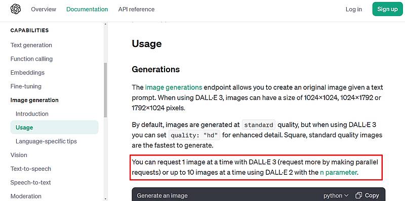 DALL-E3のAPIでは1回のリクエストで生成する画像の数(パラメータn)は1しか指定できない仕様