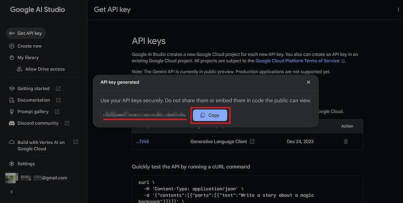 Gemini APIのGet API KeyのページでAPIキーを作成すると、APIキーが表示されてCopyボタンでAPIキーを取得