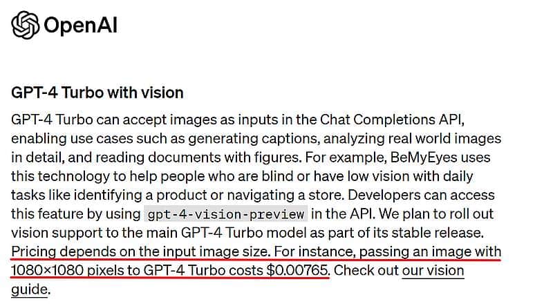 OpenAIがGPT-4 Turboの「gpt-4-1106-vision-preview」でマルチモーダルによる画像入力にかかるAPI利用料金を例示