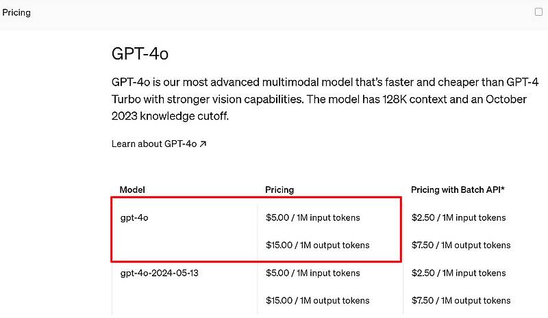 GPT-4oのAPIの利用料金を解説するOpenAIのページに100万トークンでの費用が掲載