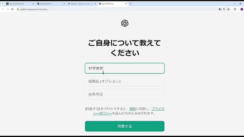 OpenAIのアカウント登録のメール認証が完了すると、アカウント名をニックネーム等で構わないので入力