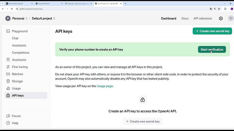 OpenAIのAPI管理画面で、「Verification」に関するメッセージが出ているので「Start verification」を選択