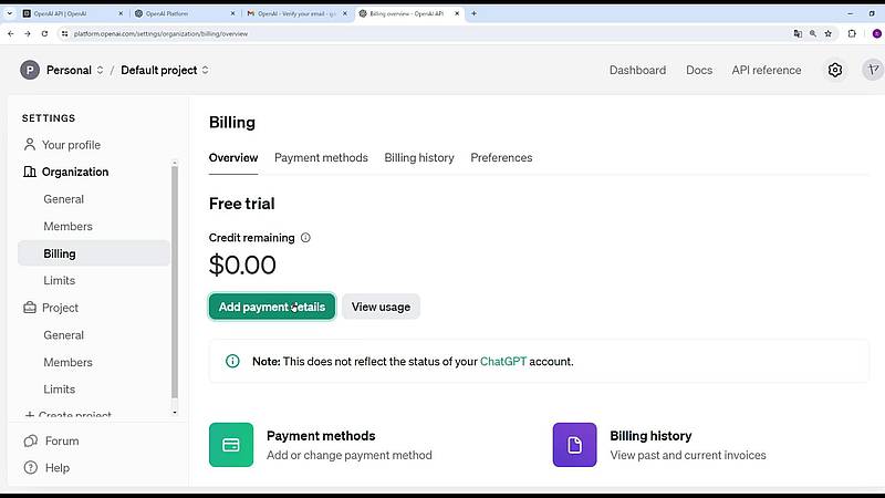 OpenAIのAPIを利用するためにBillingメニューでAPIクレジットを購入