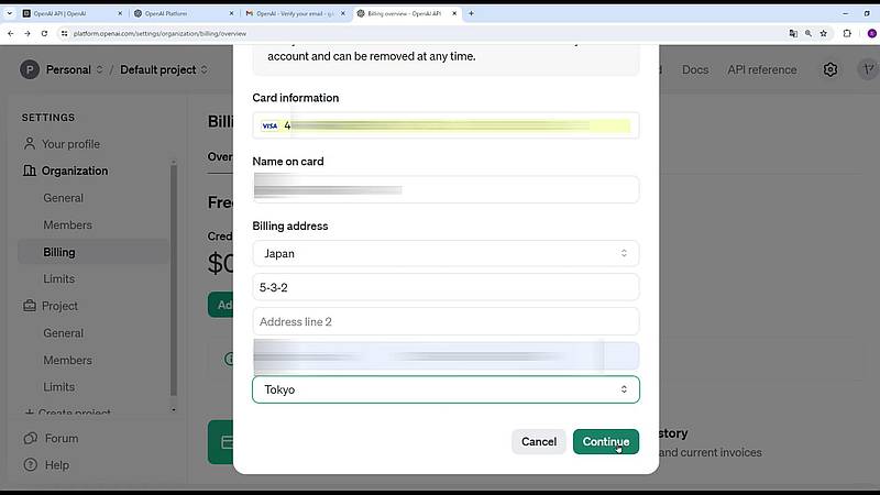 OpenAIのAPI管理画面でAPIクレジットを購入するためにクレジットカード番号と住所を入力